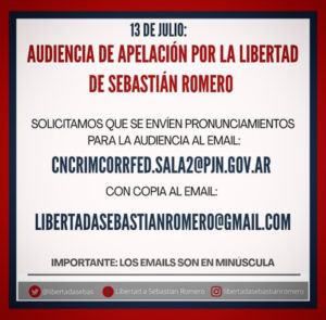 13 de julio – 10 horas:  #Audiencia de apelación por la libertad de Sebastián Romero