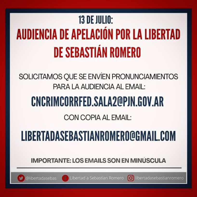 13 de julio – 10 horas:  #Audiencia de apelación por la libertad de Sebastián Romero