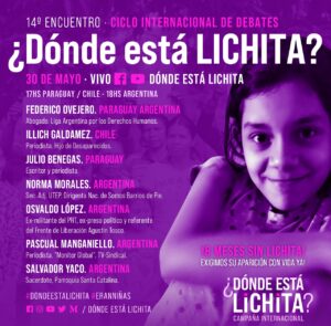 Acciones a 18 meses de la desaparición forzada de Lichita: 14° Encuentro del Ciclo Internacional de Debates/ Marcha de antorchas a la ESMA