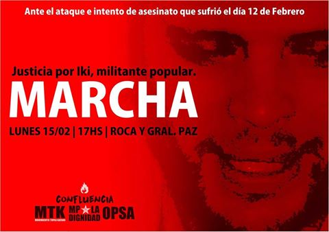 HOY: Marcha por Iki, militante popular baleado por puntero del Pro- A las 17 horas – Desde Roca y General Paz- Caba