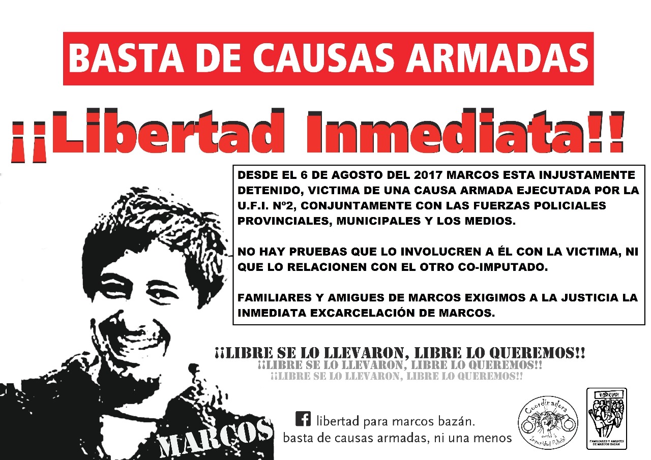 Por la libertad a Marcos Bazán: 16/7 -Tribunales de Lomas de Zamora-Camino Negro y Larroque- 10 horas
